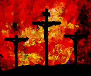 Trois crucifiés sur fond rouge impressionniste